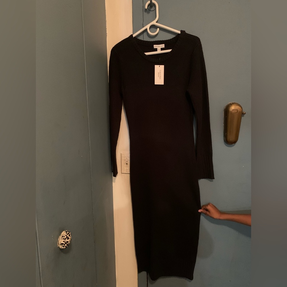 Calvin Klein black sweater dress w side zipper size medium brand new with tags